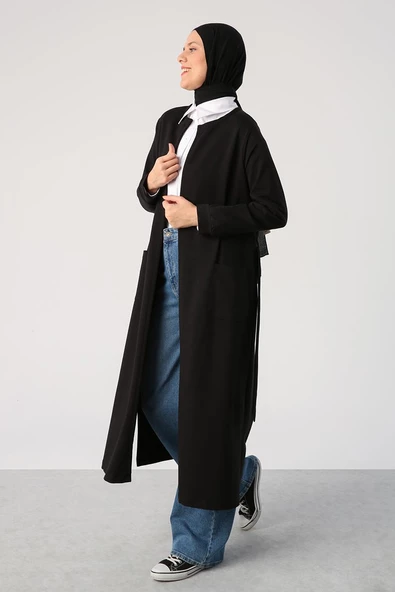 Siyah-Kuşaklı Cepli Bisiklet Yaka Likralı Uzun Hırka - Resim 3