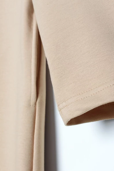 Bej-Aplike Nakışlı Çift Kordonlu Kapüşonlu Hırka - 5