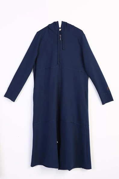 İndigo-Kapüşonlu Fermuarlı Hırka - Resim 8