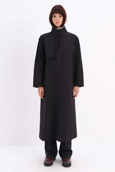 Siyah-RÜZGARLIKLI FERMUARLI TRENÇKOT - Resim 2