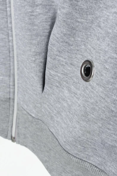 Gri Melanj-V Yaka Kuşgözü Detaylı Şardonlu Fermuarlı Hırka - Resim 6