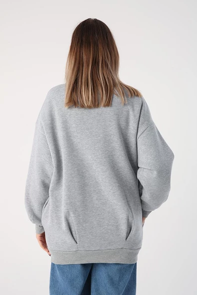 Gri Melanj-V Yaka Kuşgözü Detaylı Şardonlu Fermuarlı Hırka - Resim 4