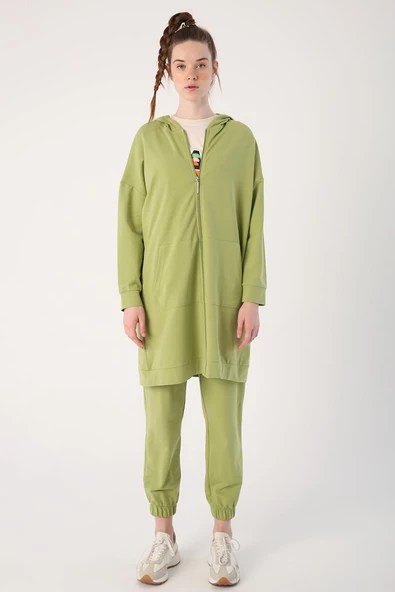 Açık Yeşil-Fermuarlı Sweat Hırka - 2