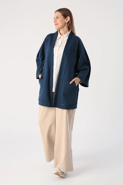 Koyu İndigo-Yarasa Kollu Likralı Oversize Kimono - 3