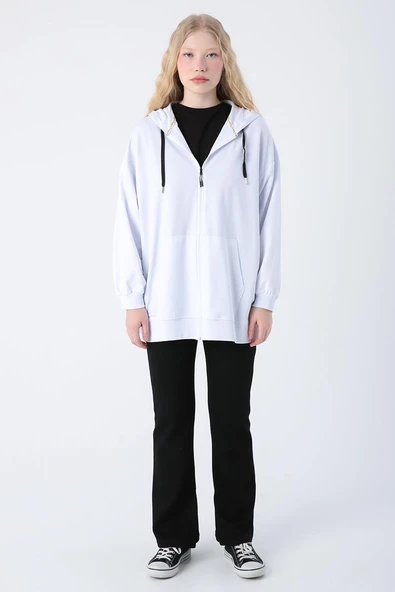 Beyaz-Oversize Kapüşonlu Sweat Hırka - 2