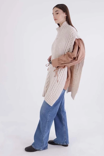 Ekru-Saç Örgülü Balıkçı Yaka Süveter - Resim 2