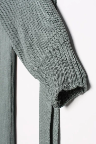 Çağla Yeşili-Fitilli Kuşaklı Uzun Triko Hırka - 6