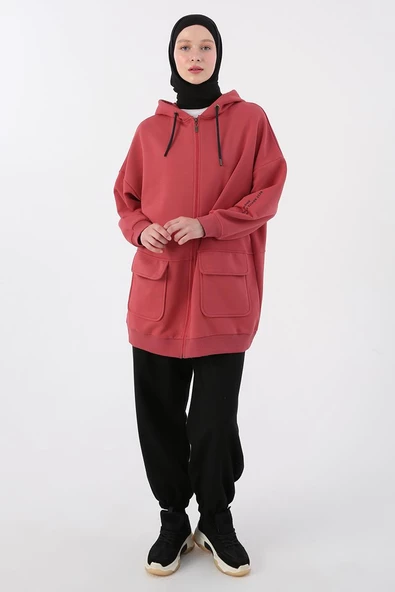 Gül-Cepli Kapüşonlu Oversize Sweat Hırka