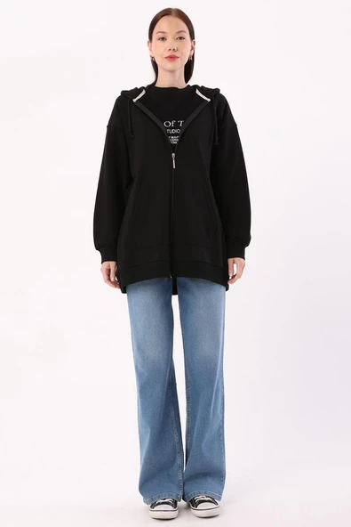 Siyah-Kanguru Cepli Oversize Sweat Hırka - 2