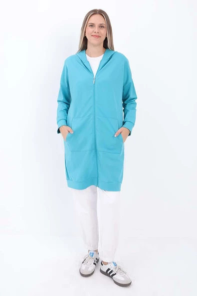Turkuaz-Fermuarlı Sweat Hırka - 2
