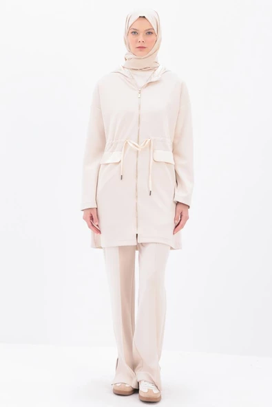 Açık Bej-Saten Garnili Kapüşonlu Hırka - Resim 3