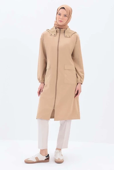 Bej-Kapüşonlu Fermuarlı Hırka - Resim 2