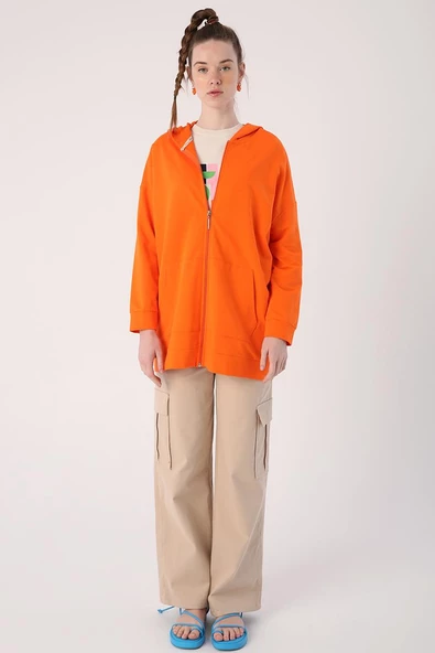 Turuncu-Fermuarlı Sweat Hırka - 2