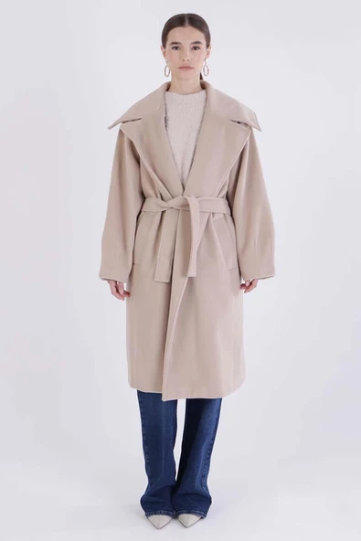 Bej-Oversize Kuşaklı Kaşe Kaban - 2