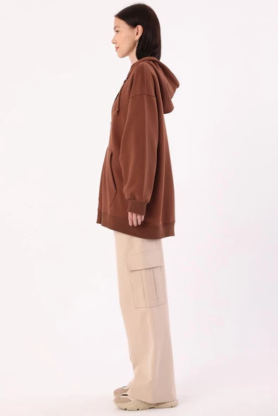 Açık Kahve-Kanguru Cepli Oversize Sweat Hırka - 3
