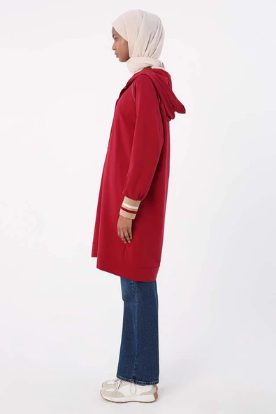 Bordo-Çizgili Ribanalı Ve Renkli Çıtçıtlı Kapüşonlu Likralı Hırka - 3