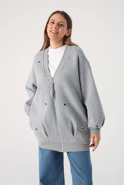 Gri Melanj-V Yaka Kuşgözü Detaylı Şardonlu Fermuarlı Hırka - Resim 2