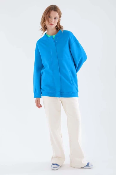 Mavi-Çıtçıtlı Fermuarlı Şardonlu Hırka