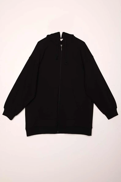 Siyah-Kanguru Cepli Oversize Sweat Hırka - 7