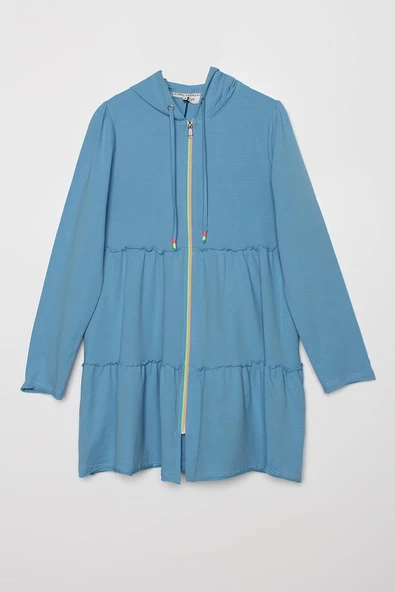 Mavi-Fırfırlı Neon Detaylı Kapüşonlu Likralı Hırka - Resim 5