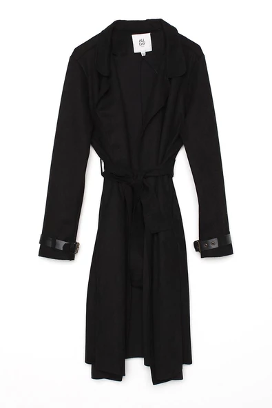 Siyah-Kuşaklı Kolları Detaylı Süet Trençkot - Resim 7