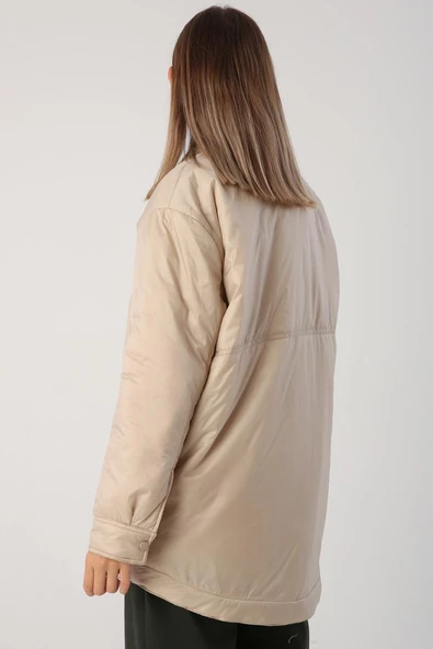 Bej-Oversize Çıtçıtlı Gömlek Yaka Mont - 3