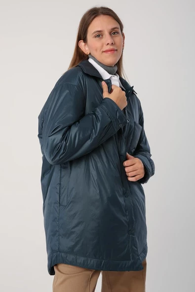 Petrol-Oversize Çıtçıtlı Gömlek Yaka Mont - 2