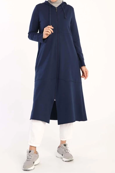 İndigo-Kapüşonlu Fermuarlı Hırka - Resim 2