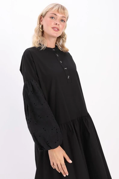 Siyah-Pamuklu Yarım Patlı Fistolu Elbise - Resim 5