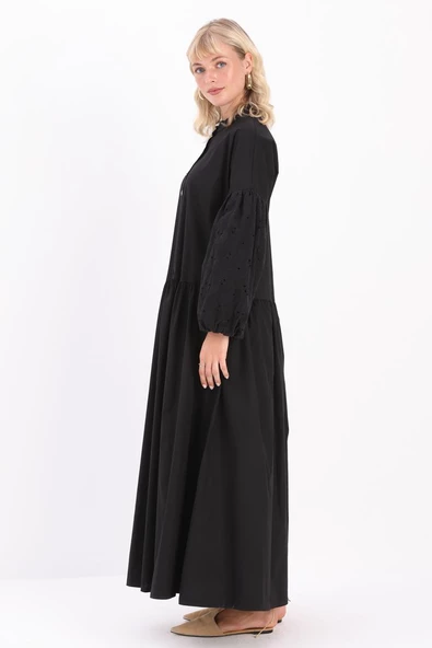 Siyah-Pamuklu Yarım Patlı Fistolu Elbise - Resim 3