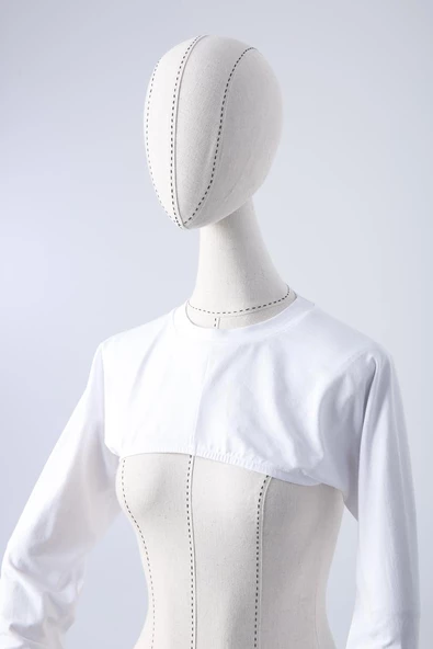 Beyaz-Pamuklu Uzun Kollu Dik Yaka Likralı Crop İçlik - Resim 2