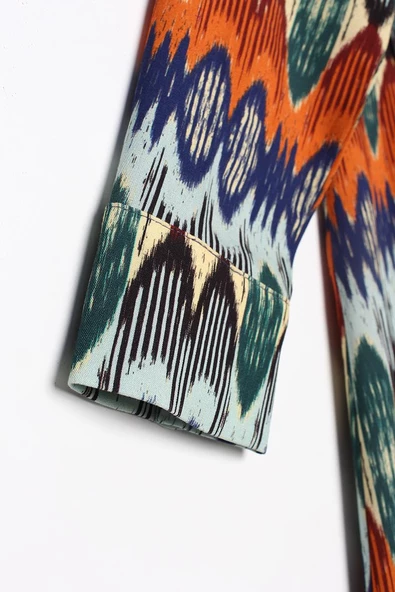 Turuncu-Saks-Pensli Desenli Viskon Gömlek Elbise - 5