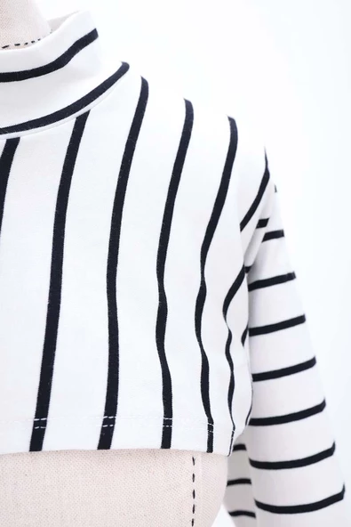Ekru-Siyah-Pamuklu Parmak Detaylı Çizgili Uzun Kollu Crop İçlik - Resim 3