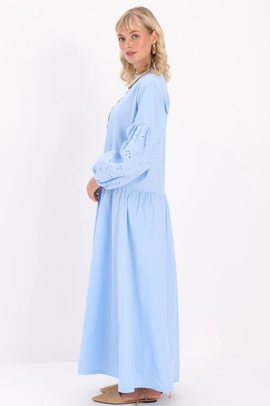 Mavi-Pamuklu Yarım Patlı Fistolu Elbise - Resim 3