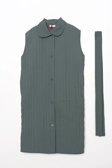 Küf Yeşili-Oversize Çıtçıtlı Dikey Çizgi Uzun Kapitone Yelek - 5