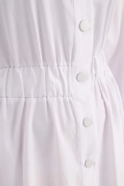 Beyaz-Gömlek Yaka Çıtçıtlı Beli Lastikli Elbise - 5