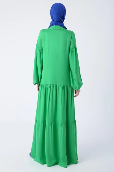 Çimen Yeşili-%100 Viskon Eteği Ve Kolları Fırfırlı Gömlek Elbise - 4