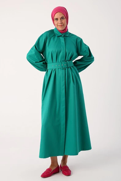 Zümrüt-Kemerli Gömlek Yaka Elbise - Resim 2