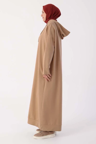 Bej-Büyük Beden Kapüşonlu Basic Örme Elbise - 3
