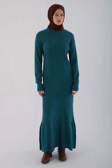 Petrol-Dik Yaka Fitilli Triko Elbise - Resim 2