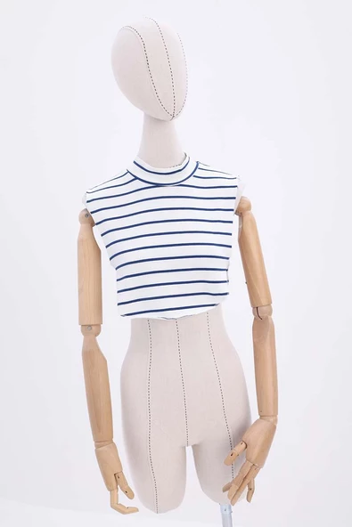 Lacivert-Ekru-Pamuklu Çizgili Sıfır Kol Likralı Crop İçlik - Resim 2