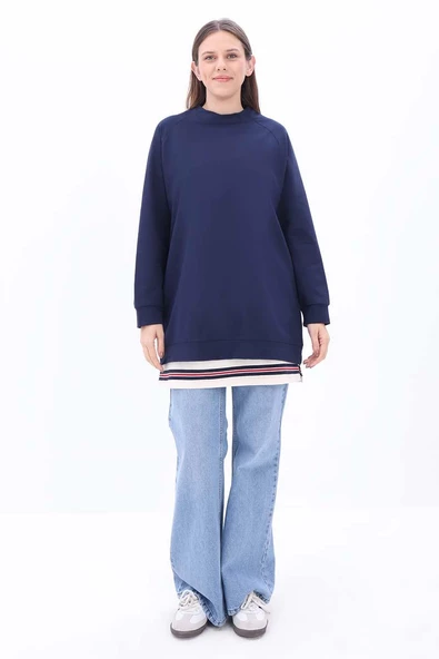 Kırmızı-Ekru-Pamuklu Çizgili İçlik Gömlek Etek - 2