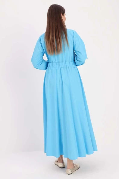 Turkuaz-Gömlek Yaka Çıtçıtlı Beli Lastikli Elbise - 3