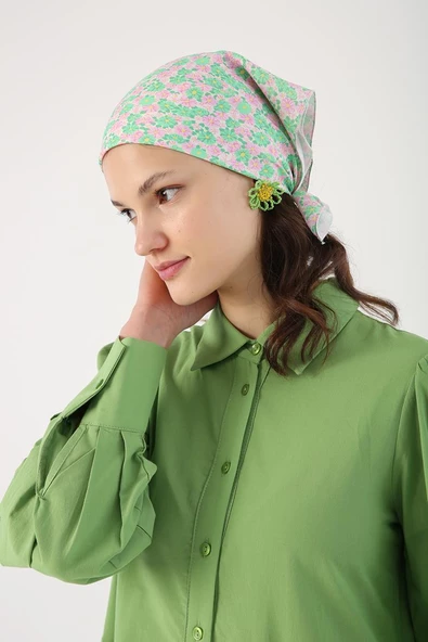 Açık Yeşil-%100 Pamuk Büzgülü Gömlek Elbise - Resim 6