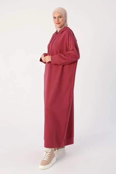 Gül-Büyük Beden Kapüşonlu Basic Örme Elbise - Resim 3