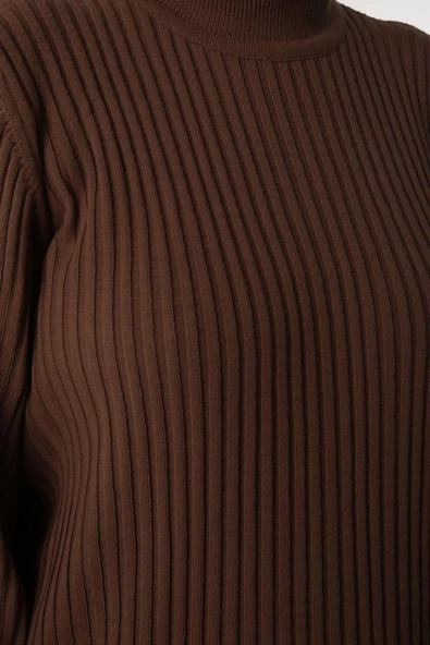 Taba-Dik Yaka Fitilli Triko Elbise - Resim 6