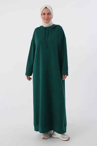 Zümrüt-Büyük Beden Kapüşonlu Basic Örme Elbise - Resim 2