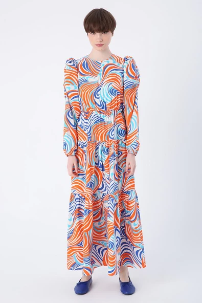 Turuncu-Saks-Kolları Beli Büzgü Detaylı Desenli Fırfırlı Elbise - Resim 2