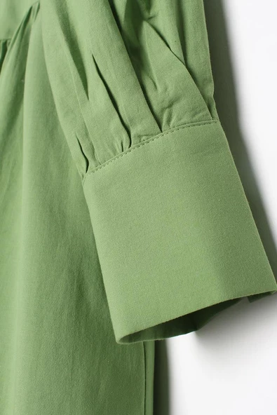 Açık Yeşil-%100 Pamuk Büzgülü Gömlek Elbise - Resim 7