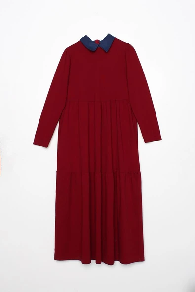 Bordo-Pamuklu Gömlek Yaka Cepli Fırfırlı Örme Elbise - 5